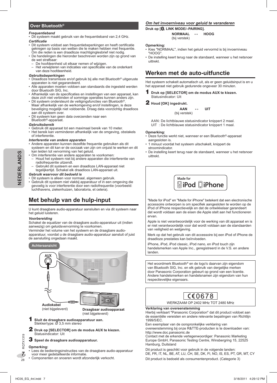 Met behulp van de hulp-input, Werken met de auto-uitfunctie, Nederlandsnederlands | Over bluetooth | Panasonic SCHC05EG User Manual | Page 28 / 52