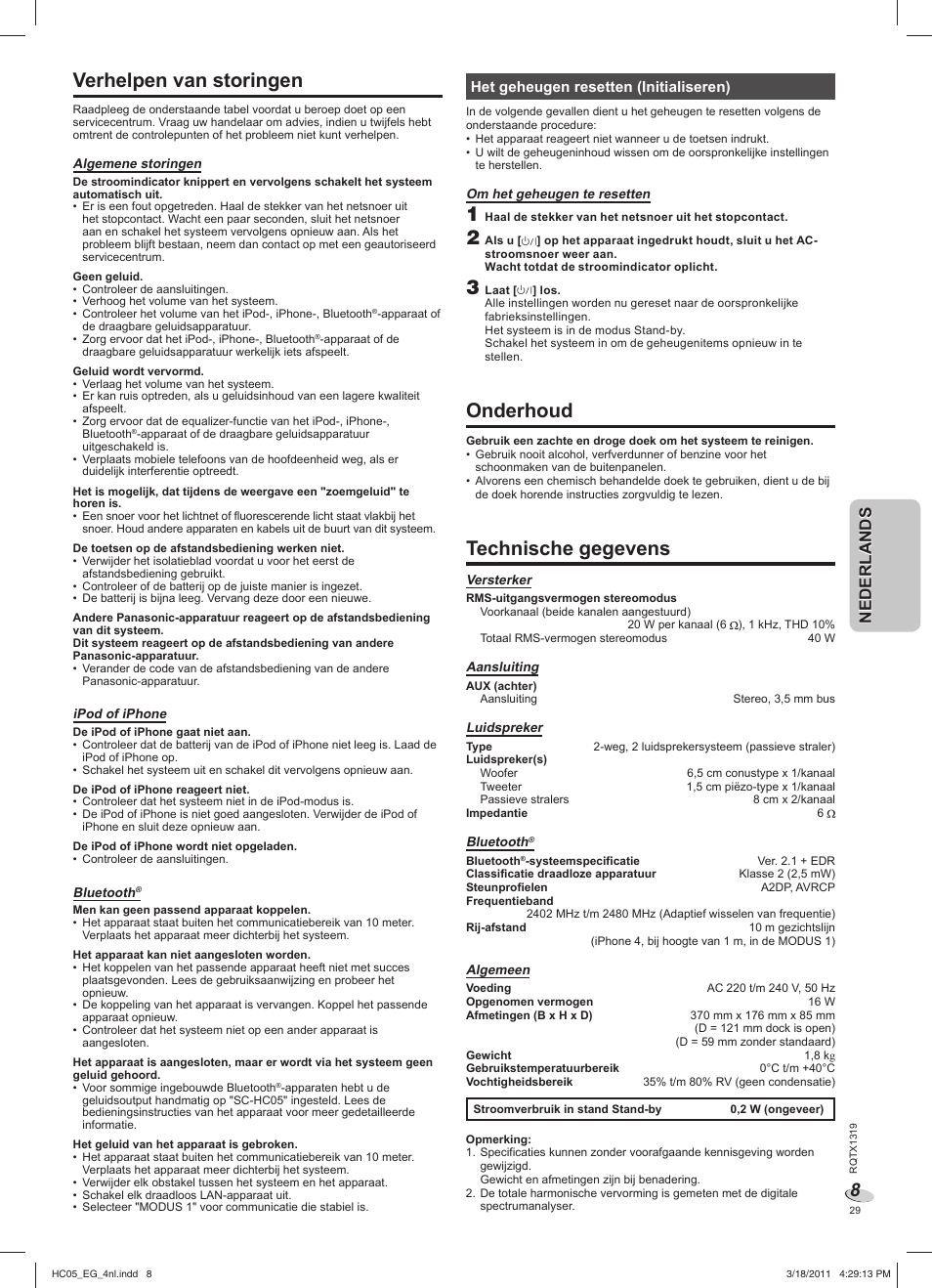 Verhelpen van storingen, Onderhoud, Technische gegevens | Nederlandsnederlands, Het geheugen resetten (initialiseren) | Panasonic SCHC05EG User Manual | Page 29 / 52