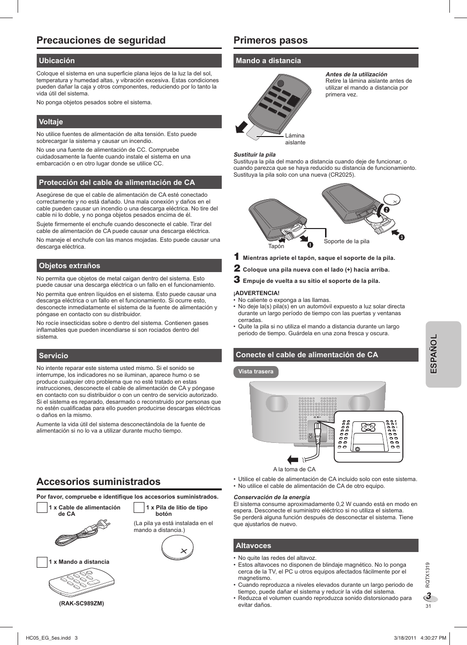 Precauciones de seguridad, Accesorios suministrados, Primeros pasos | Esp añol esp añol | Panasonic SCHC05EG User Manual | Page 31 / 52