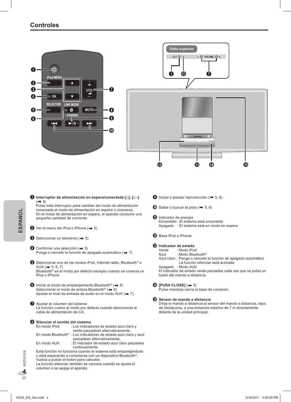 Controles, Esp añol esp añol | Panasonic SCHC05EG User Manual | Page 32 / 52