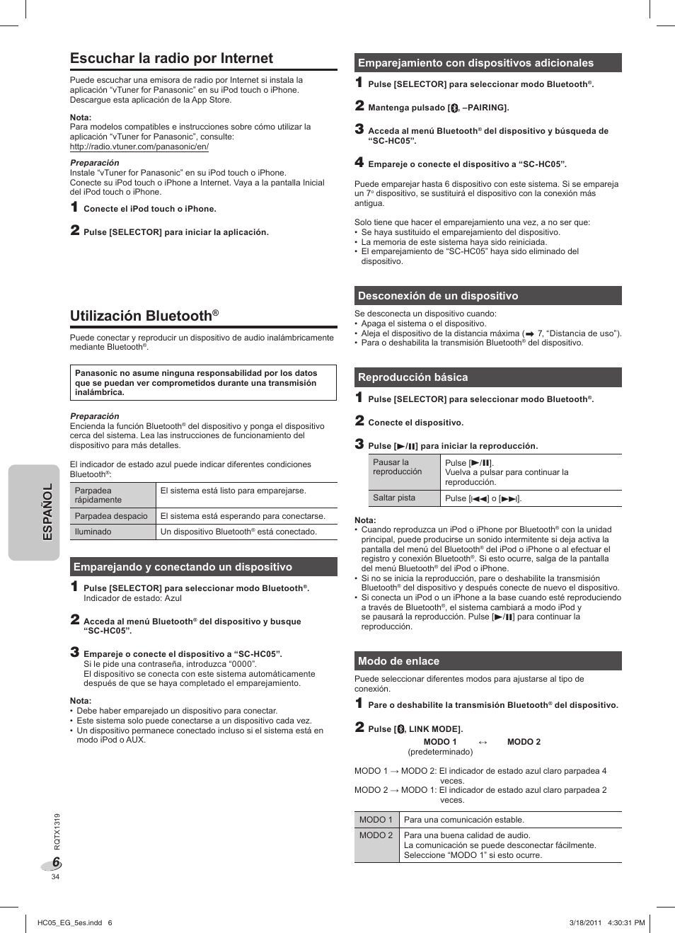 Escuchar la radio por internet, Utilización bluetooth, Esp añol esp añol | Panasonic SCHC05EG User Manual | Page 34 / 52