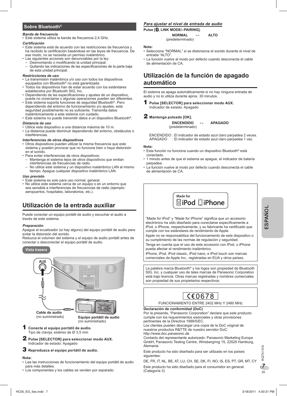 Utilización de la entrada auxiliar, Utilización de la función de apagado automático, Esp añol esp añol | Panasonic SCHC05EG User Manual | Page 35 / 52