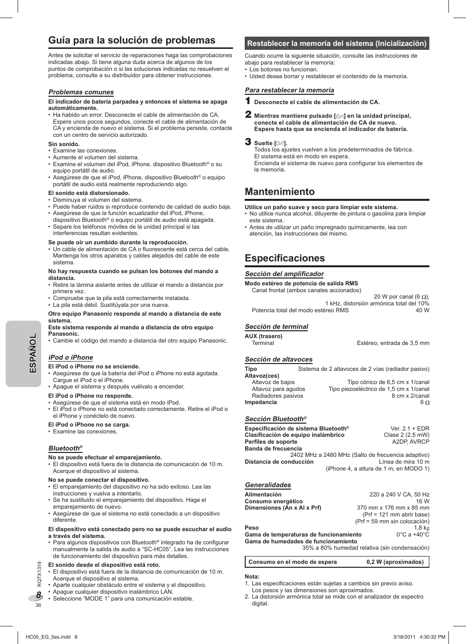 Guía para la solución de problemas, Mantenimiento, Especificaciones | Esp añol esp añol | Panasonic SCHC05EG User Manual | Page 36 / 52