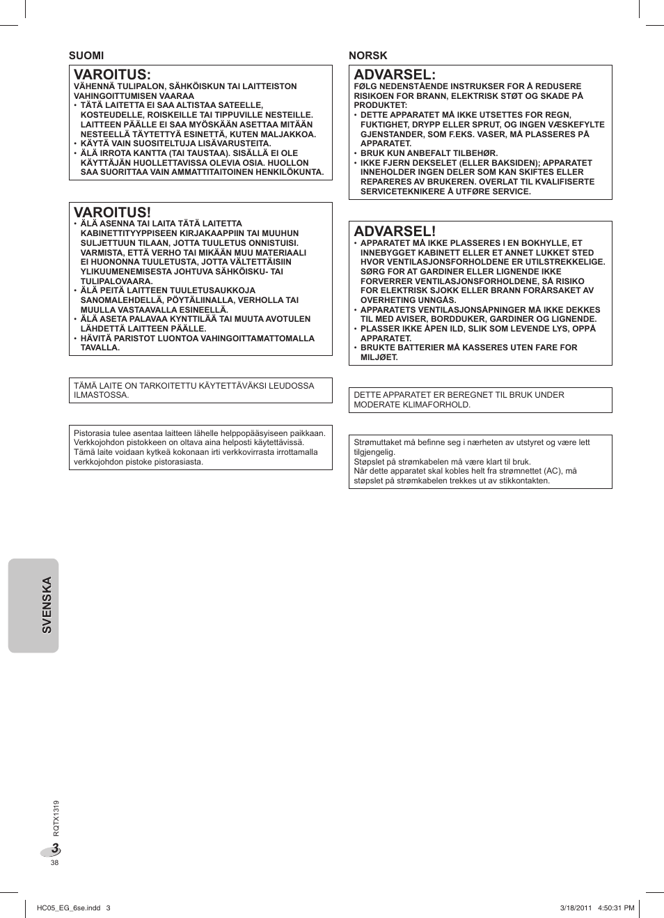 Varoitus, Advarsel, Svenskasvenska | Panasonic SCHC05EG User Manual | Page 38 / 52