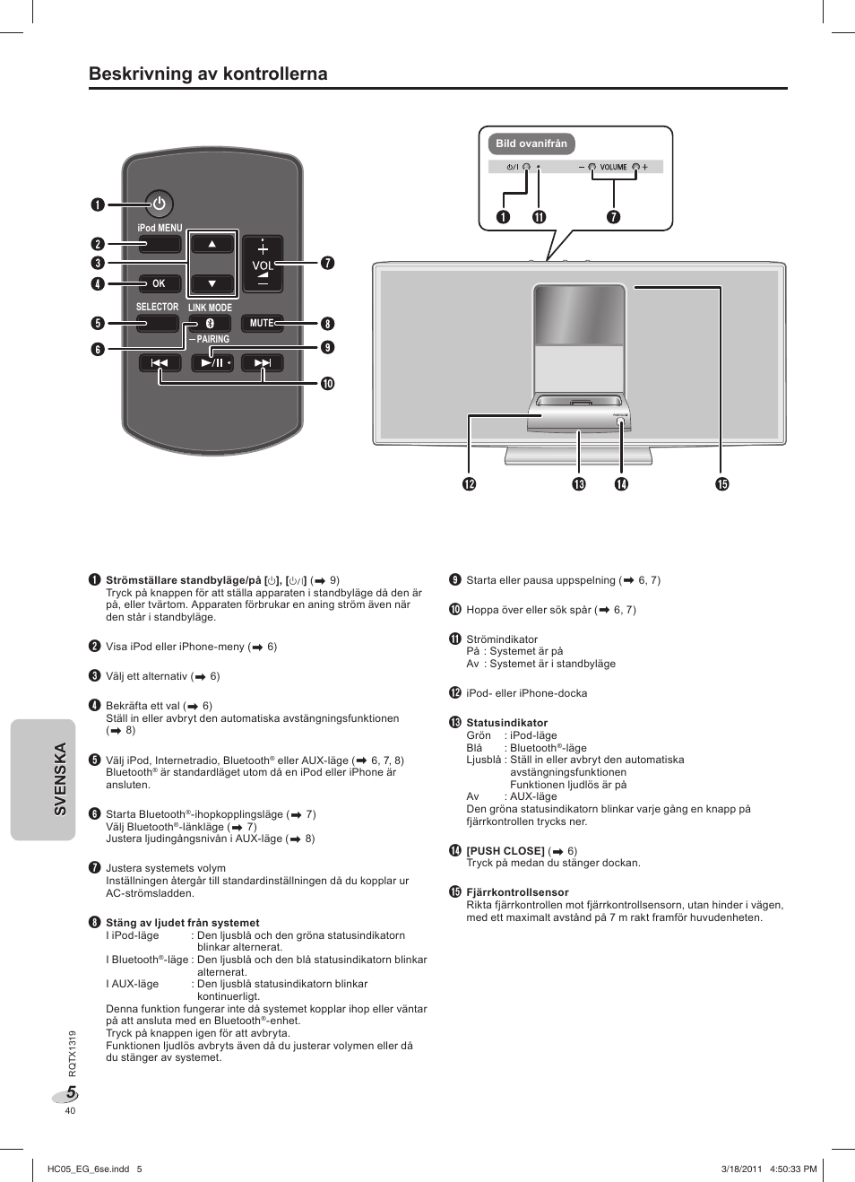 Beskrivning av kontrollerna, Svenskasvenska | Panasonic SCHC05EG User Manual | Page 40 / 52