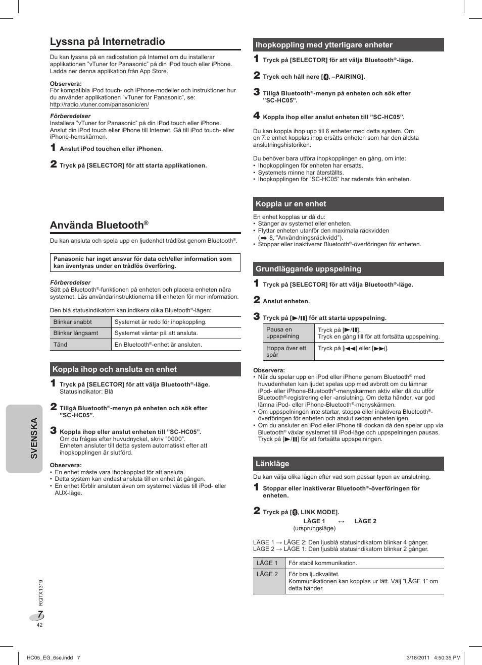 Lyssna på internetradio, Använda bluetooth, Svenskasvenska | Panasonic SCHC05EG User Manual | Page 42 / 52