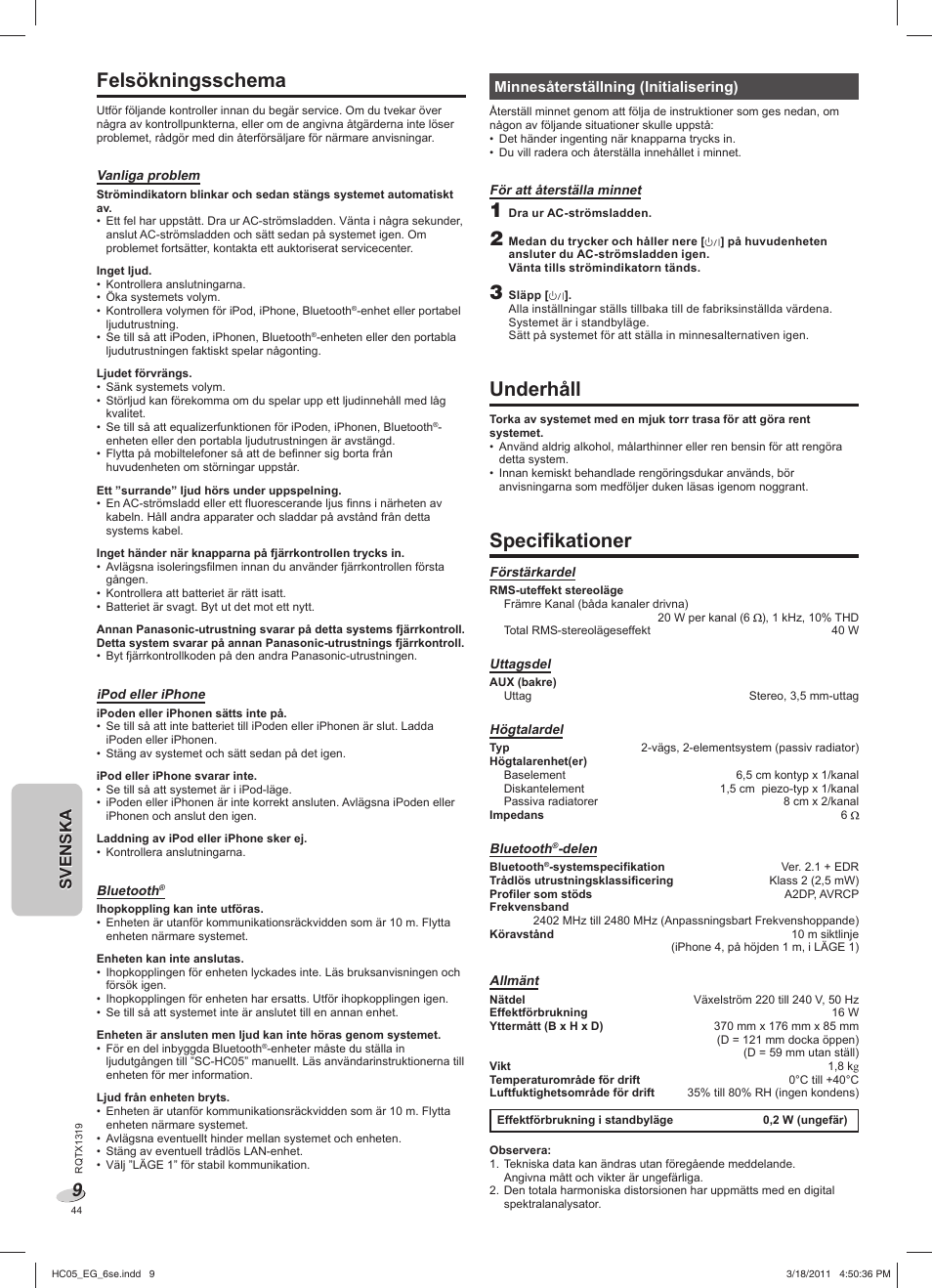 Felsökningsschema, Underhåll, Specifikationer | Svenskasvenska, Minnesåterställning (initialisering) | Panasonic SCHC05EG User Manual | Page 44 / 52