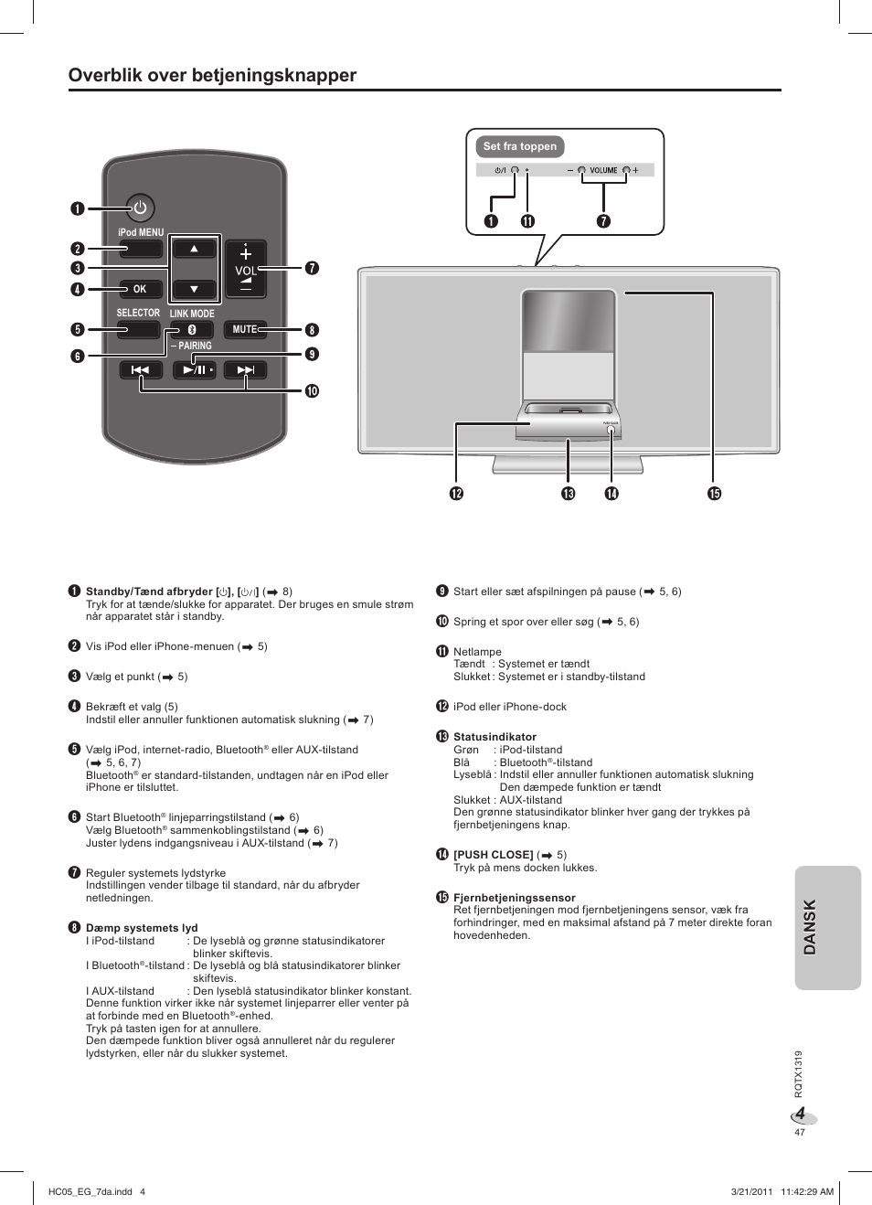 Overblik over betjeningsknapper, Danskdansk | Panasonic SCHC05EG User Manual | Page 47 / 52