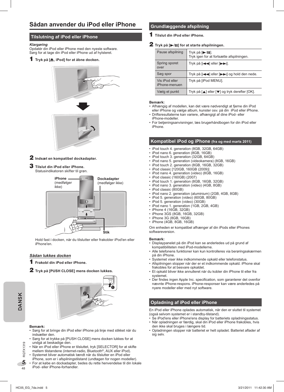 Sådan anvender du ipod eller iphone, Danskdansk | Panasonic SCHC05EG User Manual | Page 48 / 52