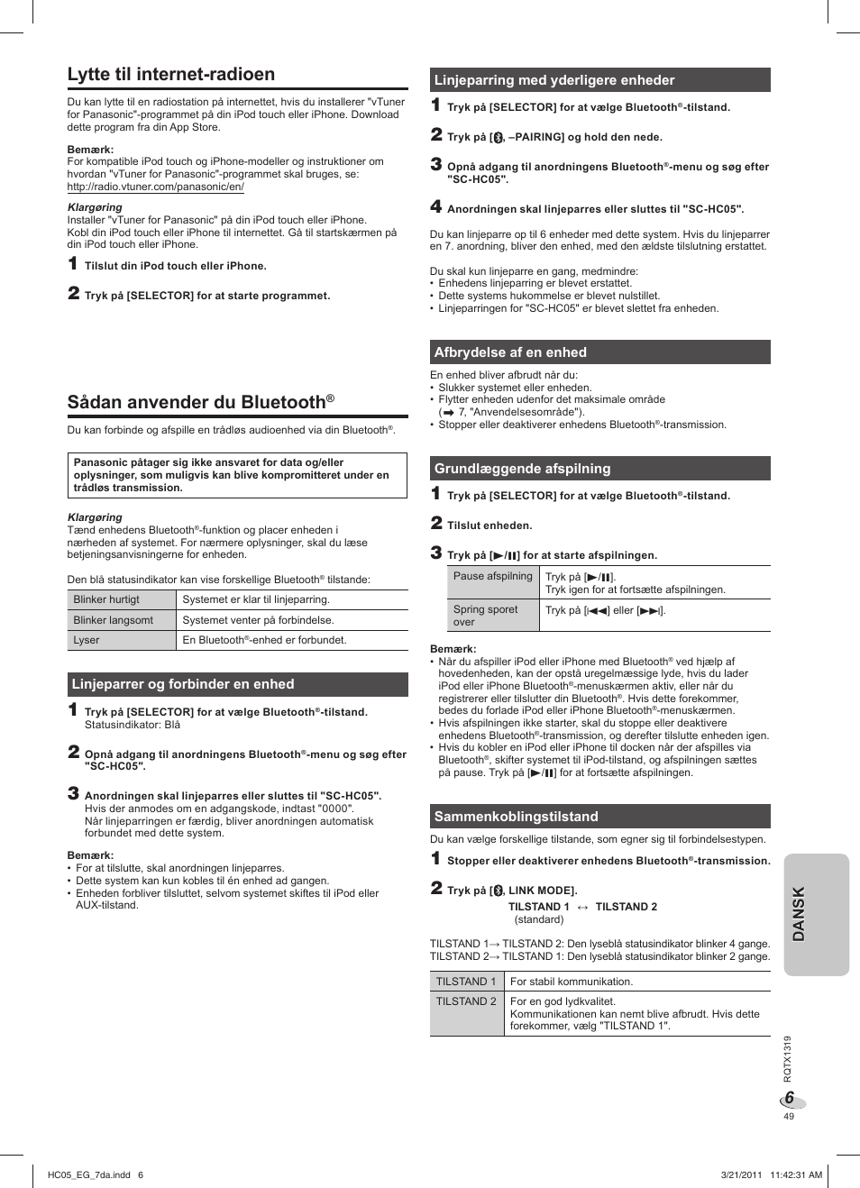 Lytte til internet-radioen, Sådan anvender du bluetooth, Danskdansk | Panasonic SCHC05EG User Manual | Page 49 / 52