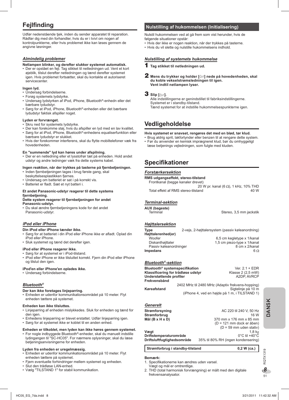 Fejlfinding, Vedligeholdelse, Specifikationer | Danskdansk, Nulstilling af hukommelsen (initialisering) | Panasonic SCHC05EG User Manual | Page 51 / 52