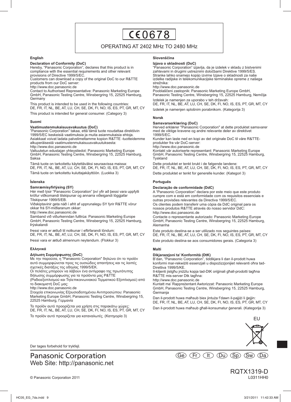 Rqtx1319-d, Sw fr du da it sp ge | Panasonic SCHC05EG User Manual | Page 52 / 52