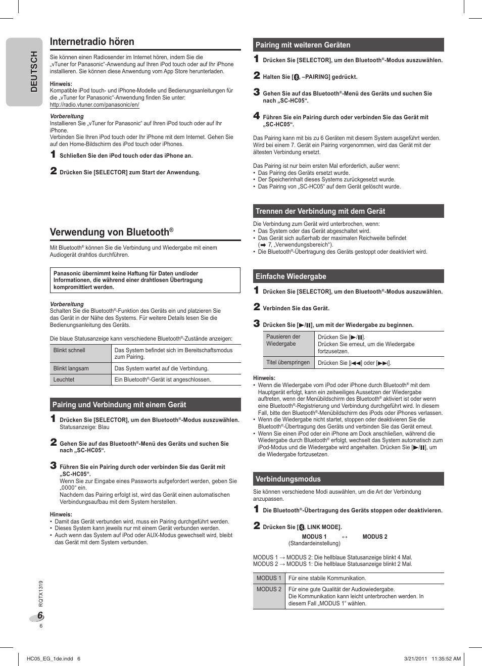 Internetradio hören, Verwendung von bluetooth, Deutsch | Panasonic SCHC05EG User Manual | Page 6 / 52