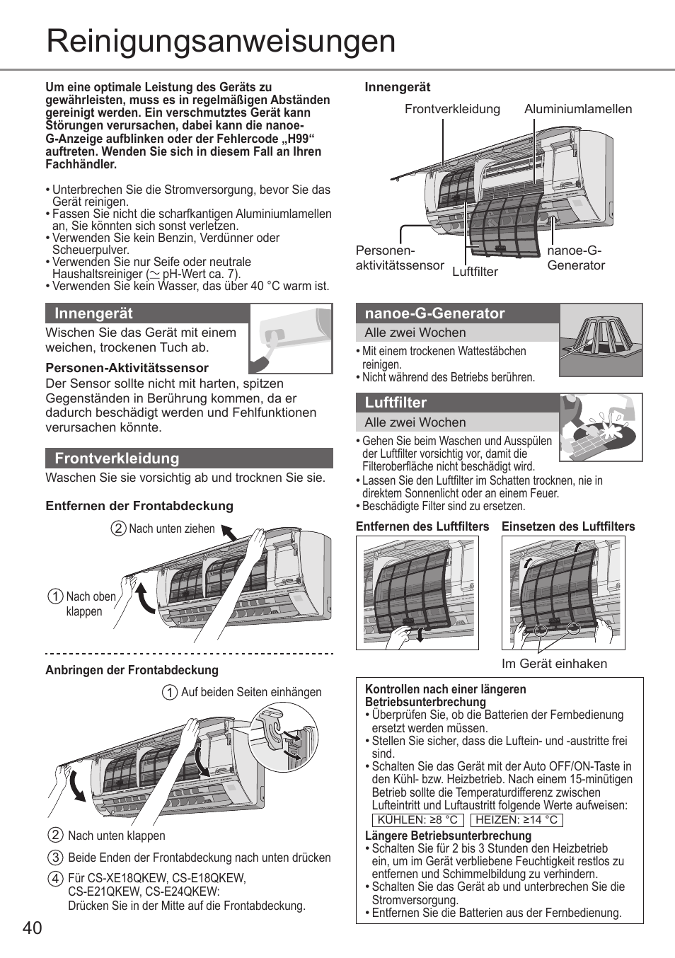 Reinigungsanweisungen | Panasonic CUE12QKE User Manual | Page 40 / 64