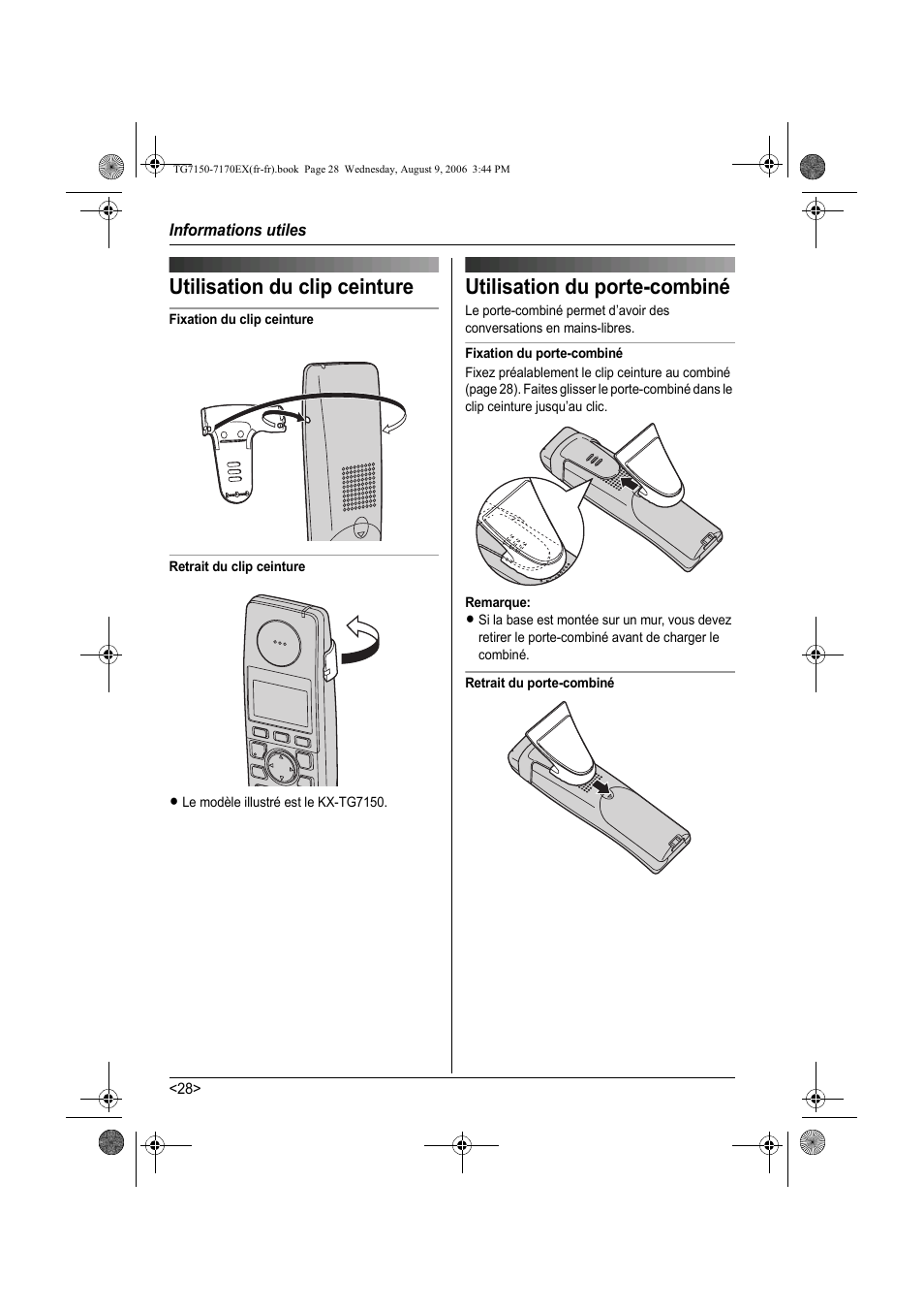 Utilisation du clip ceinture, Utilisation du porte-combiné | Panasonic KXTG7150EX User Manual | Page 100 / 216