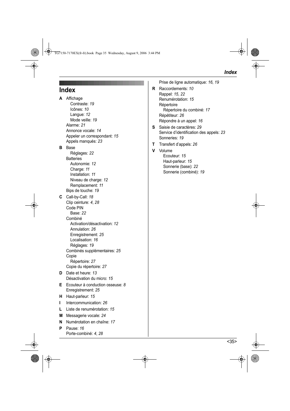 Index | Panasonic KXTG7150EX User Manual | Page 107 / 216