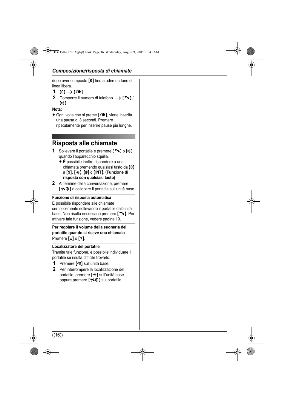 Risposta alle chiamate | Panasonic KXTG7150EX User Manual | Page 124 / 216