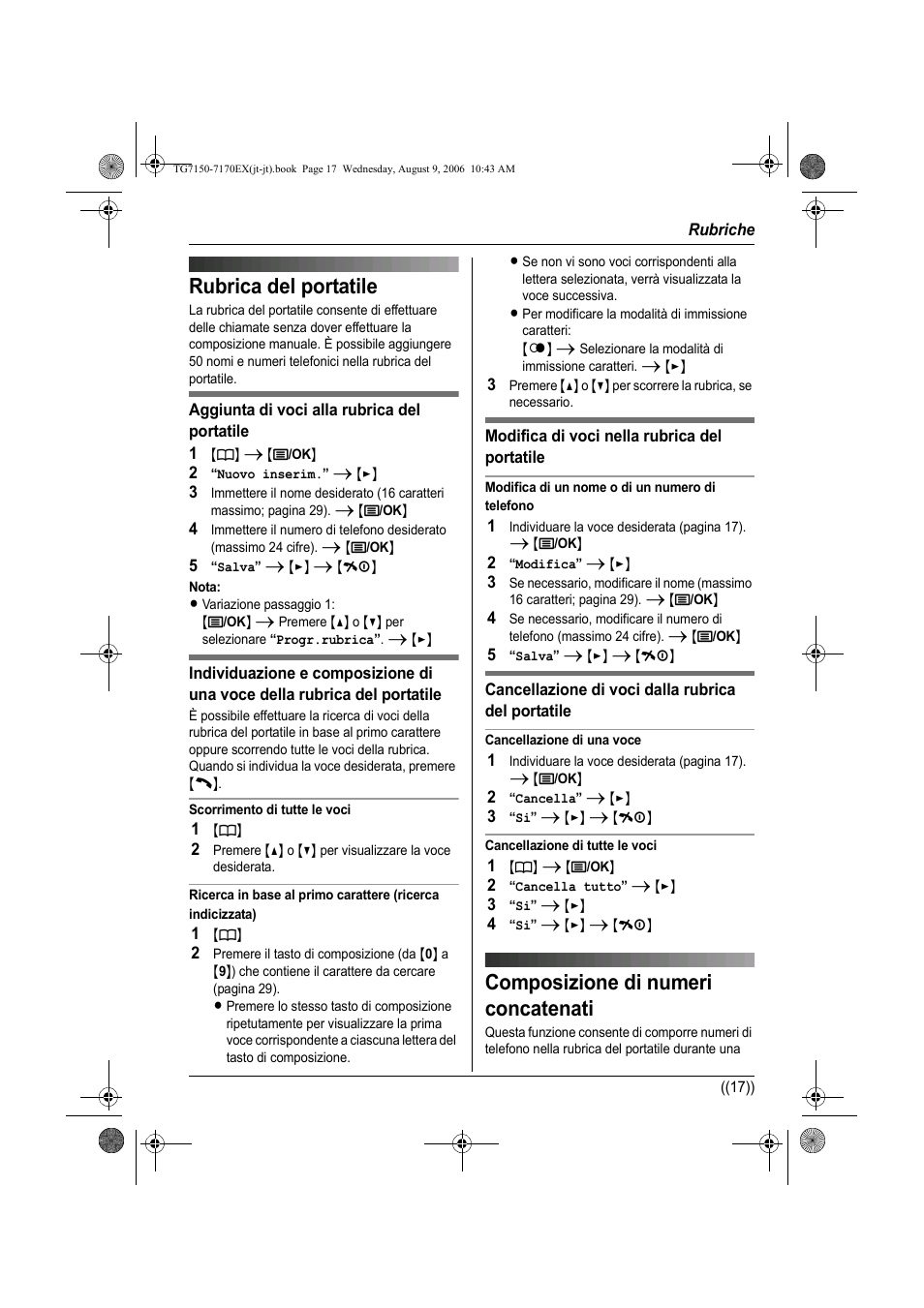 Composizione di numeri concatenati, Marcado en cadena, Rubrica del portatile | Panasonic KXTG7150EX User Manual | Page 125 / 216