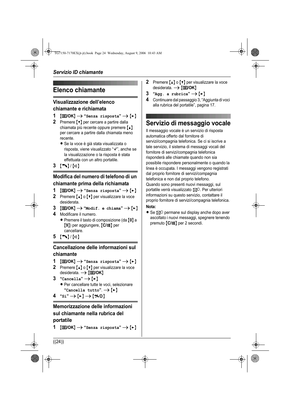 Elenco chiamante, Servizio di messaggio vocale, Elenco chiamante servizio di messaggio vocale | Panasonic KXTG7150EX User Manual | Page 132 / 216