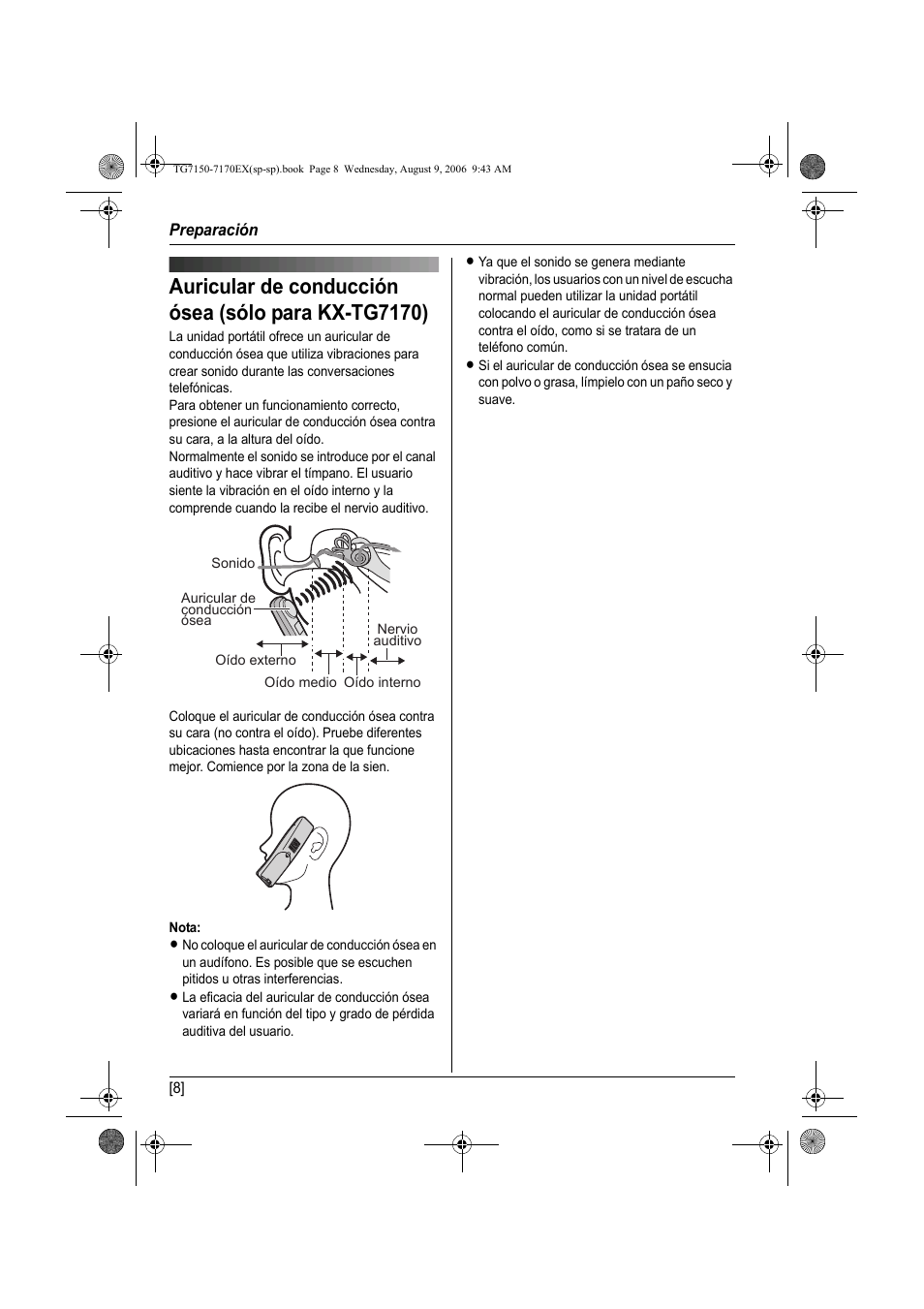 Auricular de conducción ósea (sólo para kx-tg7170) | Panasonic KXTG7150EX User Manual | Page 152 / 216