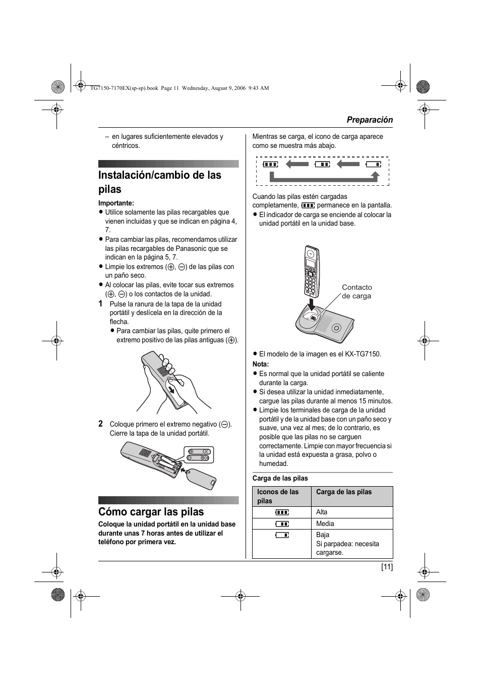 Instalación/cambio de las pilas, Cómo cargar las pilas | Panasonic KXTG7150EX User Manual | Page 155 / 216
