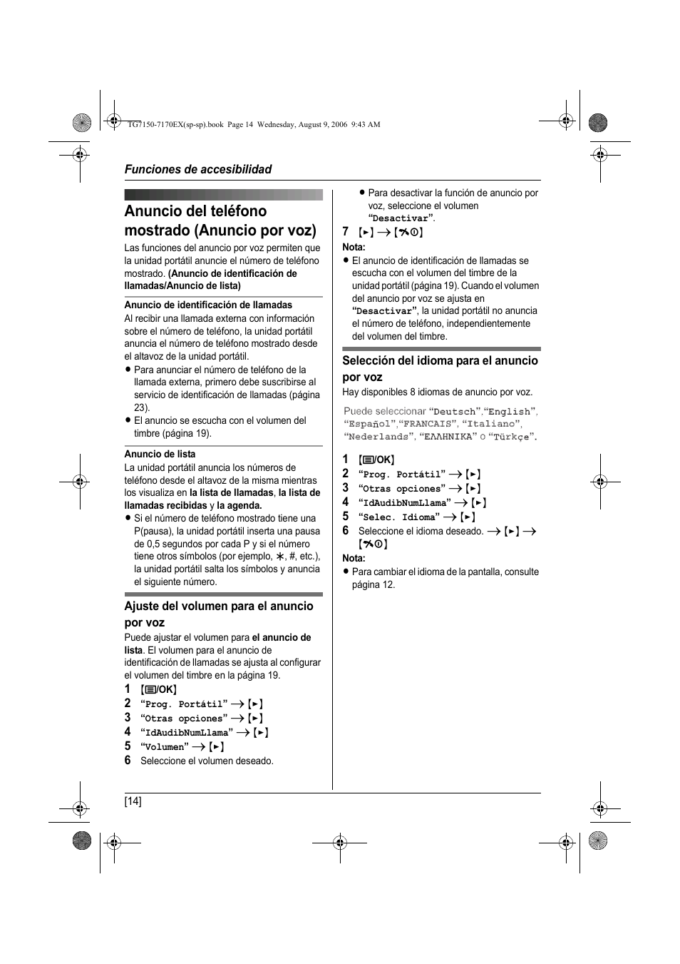 Anuncio del teléfono mostrado (anuncio por voz) | Panasonic KXTG7150EX User Manual | Page 158 / 216