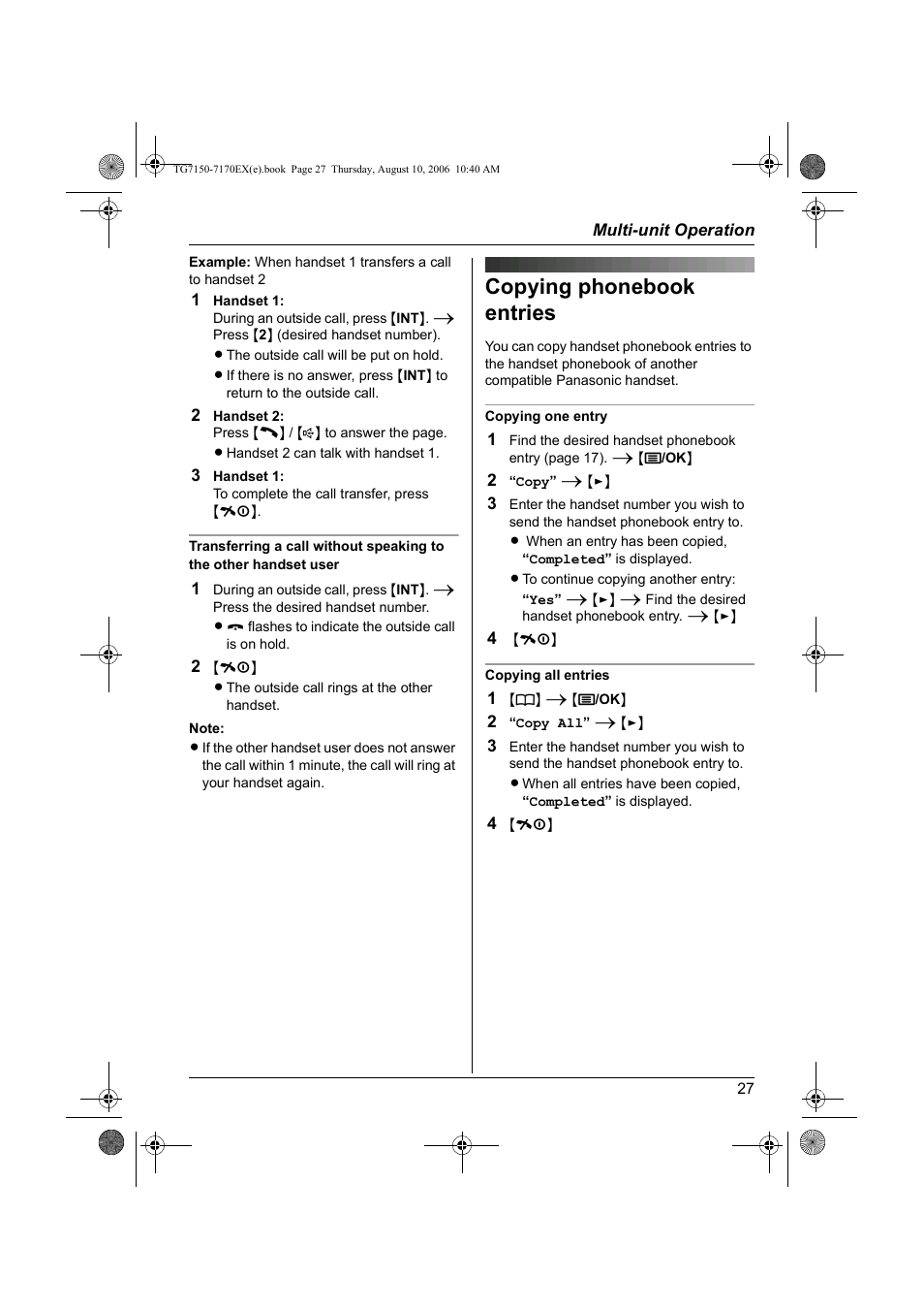 Copying phonebook entries, Intercomunicazione tra portatili | Panasonic KXTG7150EX User Manual | Page 27 / 216