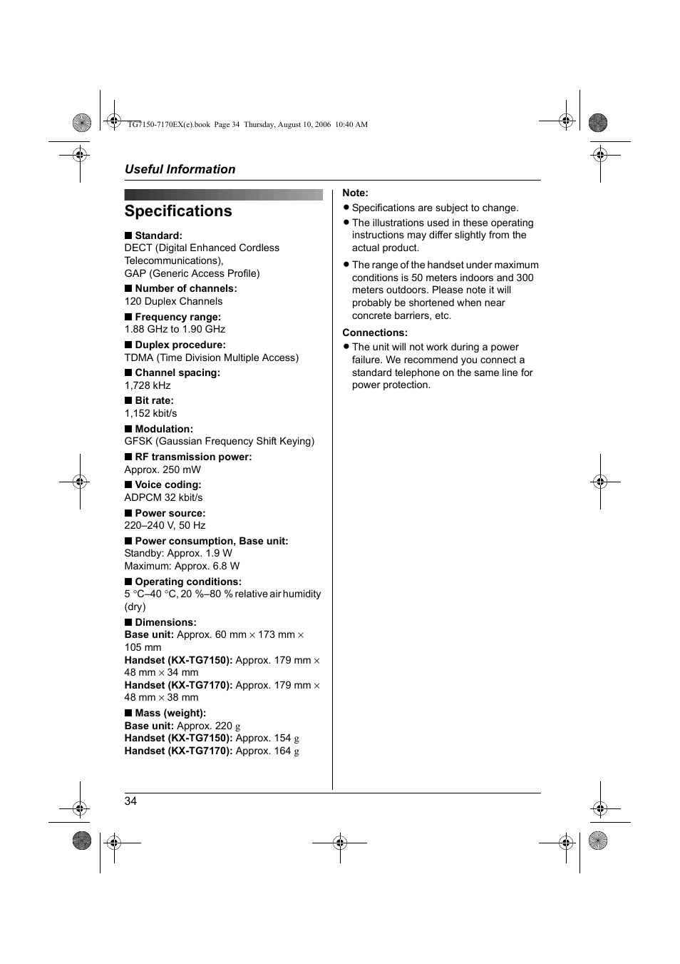 Specifications | Panasonic KXTG7150EX User Manual | Page 34 / 216