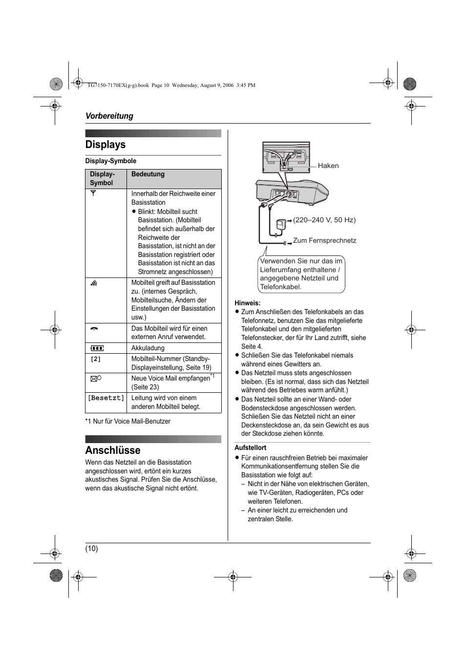 Displays, Anschlüsse, Ecrans | Displays anschlüsse | Panasonic KXTG7150EX User Manual | Page 46 / 216