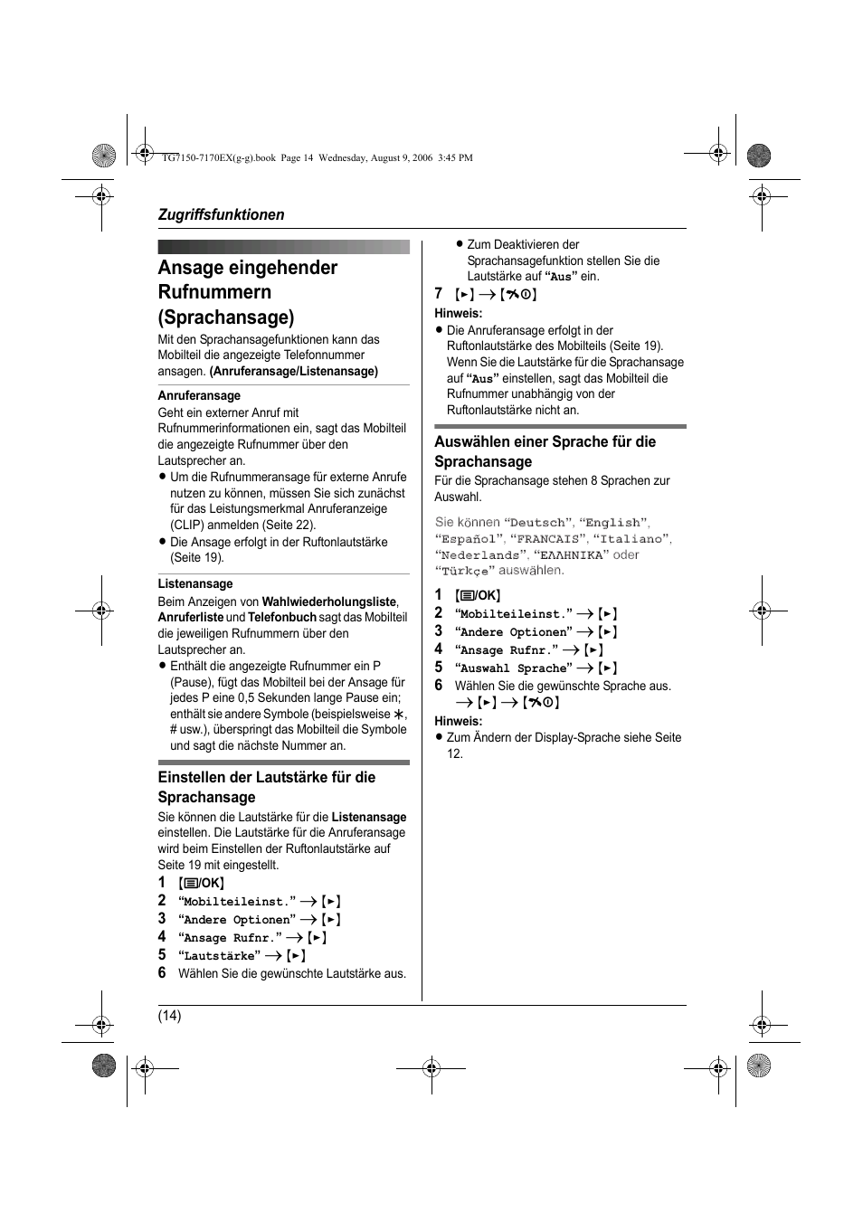Zugriffsfunktionen, Ansage eingehender rufnummern (sprachansage), Funciones de accesibilidad | Anuncio del teléfono mostrado (anuncio por voz) | Panasonic KXTG7150EX User Manual | Page 50 / 216
