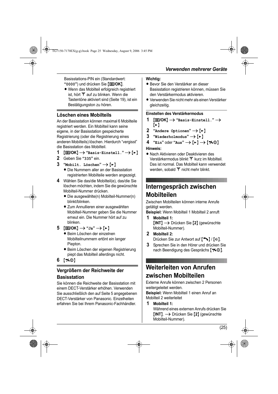 Interngespräch zwischen mobilteilen, Weiterleiten von anrufen zwischen mobilteilen | Panasonic KXTG7150EX User Manual | Page 61 / 216
