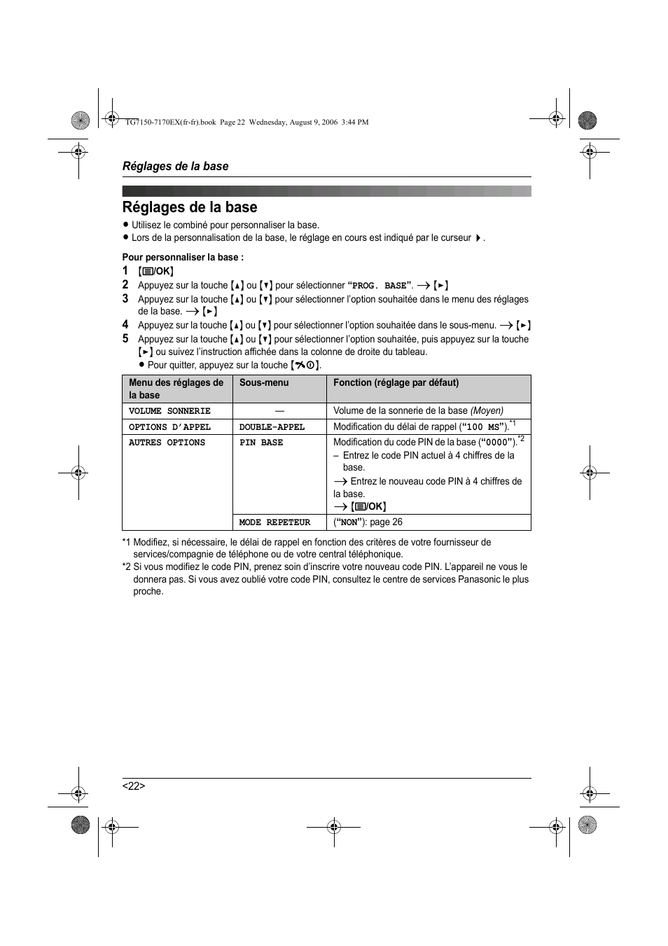 Réglages de la base | Panasonic KXTG7150EX User Manual | Page 94 / 216