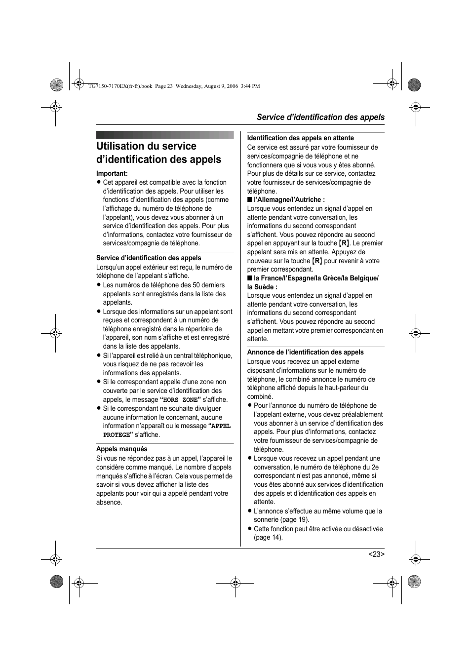Service d’identification des appels, Utilisation du service d’identification des appels | Panasonic KXTG7150EX User Manual | Page 95 / 216