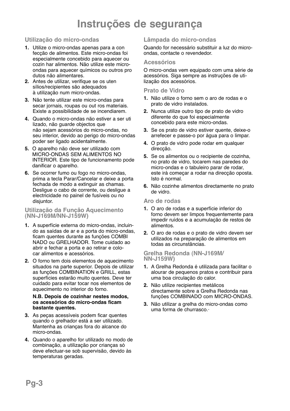 Instruções de segurança, Pg-3 | Panasonic NNJ169MMWPG User Manual | Page 145 / 374