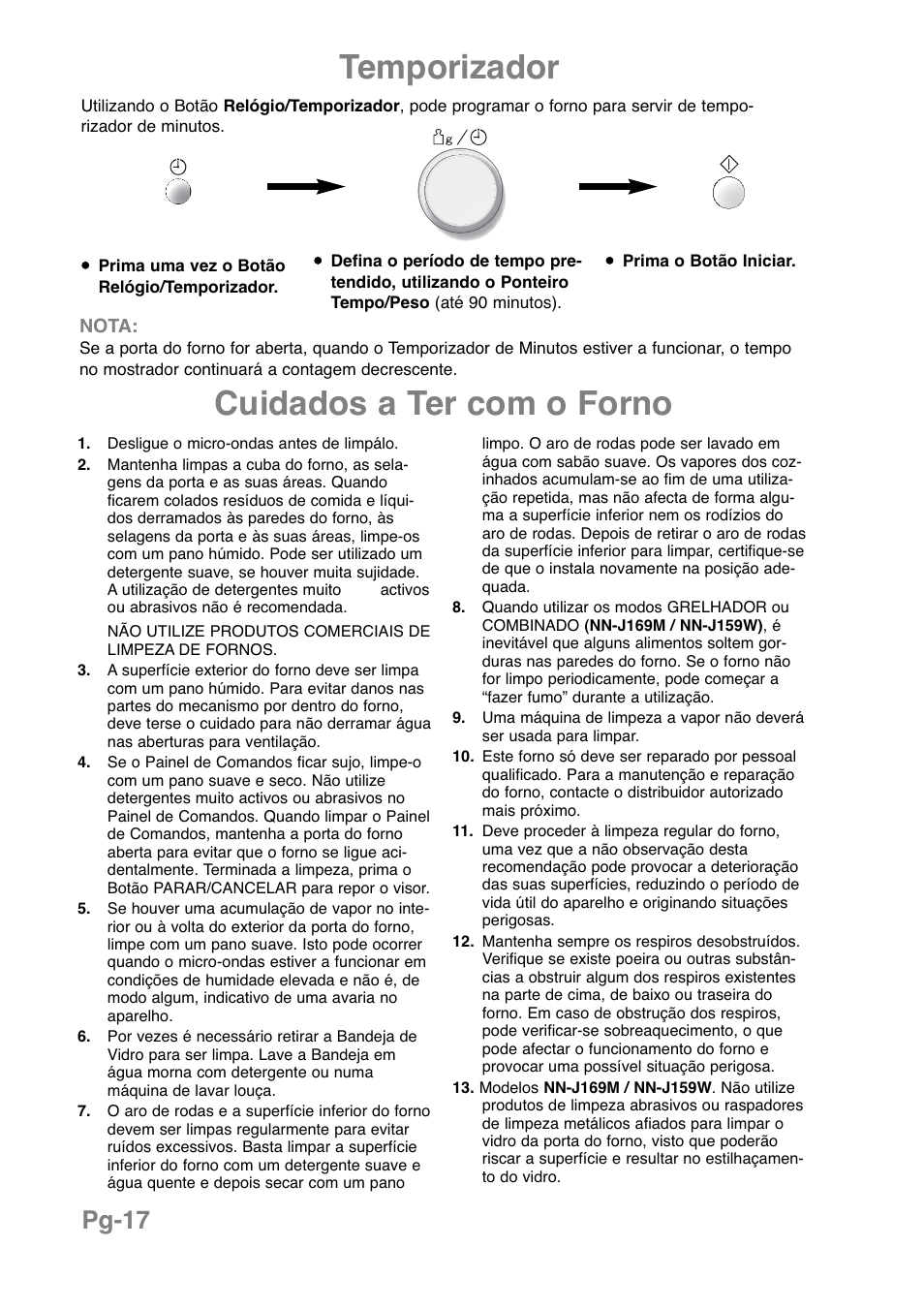 Temporizador, Cuidados a ter com o forno, Pg-17 | Panasonic NNJ169MMWPG User Manual | Page 159 / 374