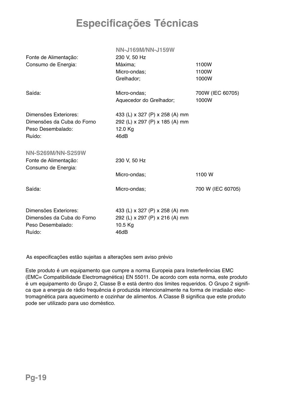 Especificações técnicas, Pg-19 | Panasonic NNJ169MMWPG User Manual | Page 161 / 374