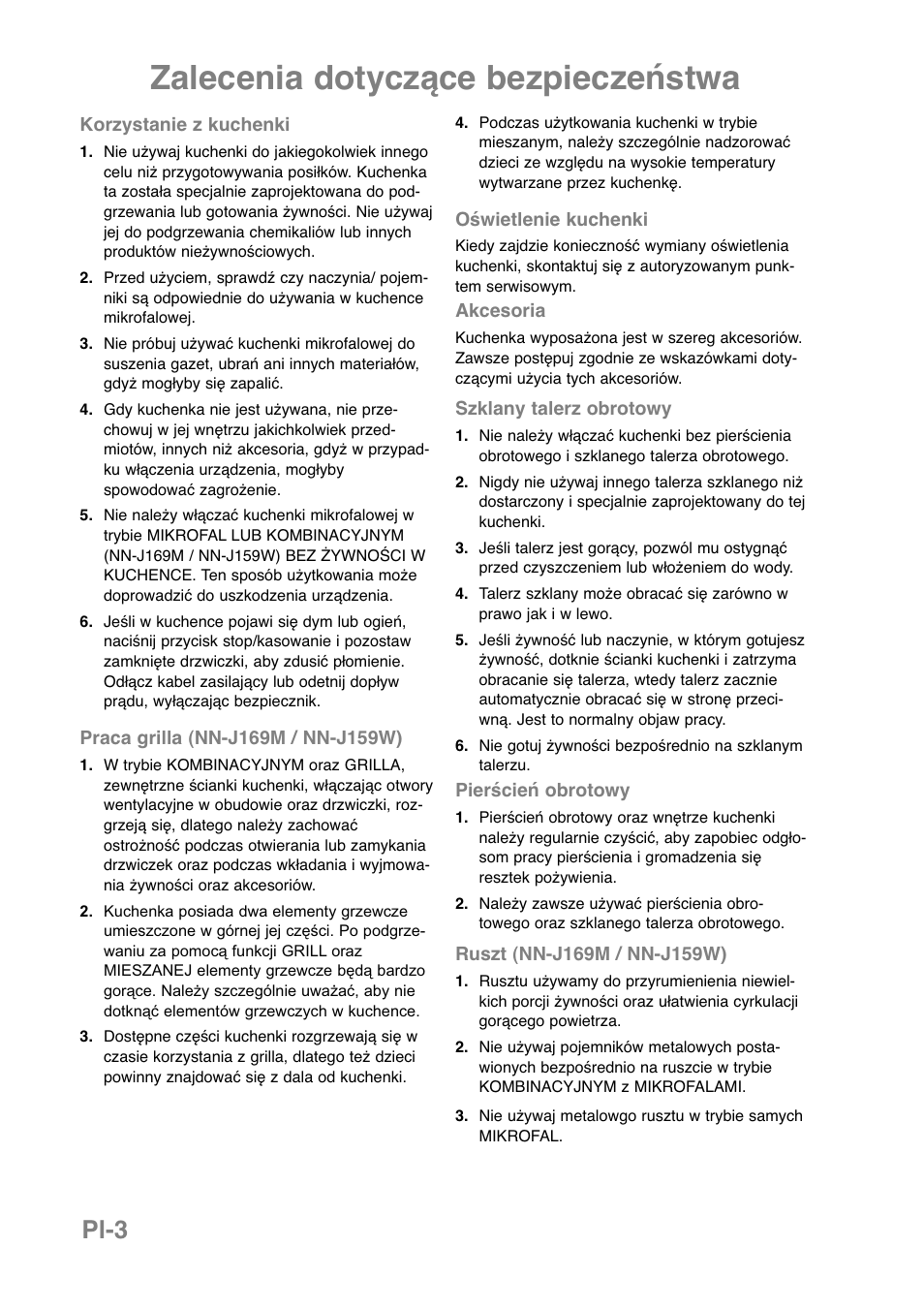 Zalecenia dotyczące bezpieczeństwa, Pl-3 | Panasonic NNJ169MMWPG User Manual | Page 168 / 374