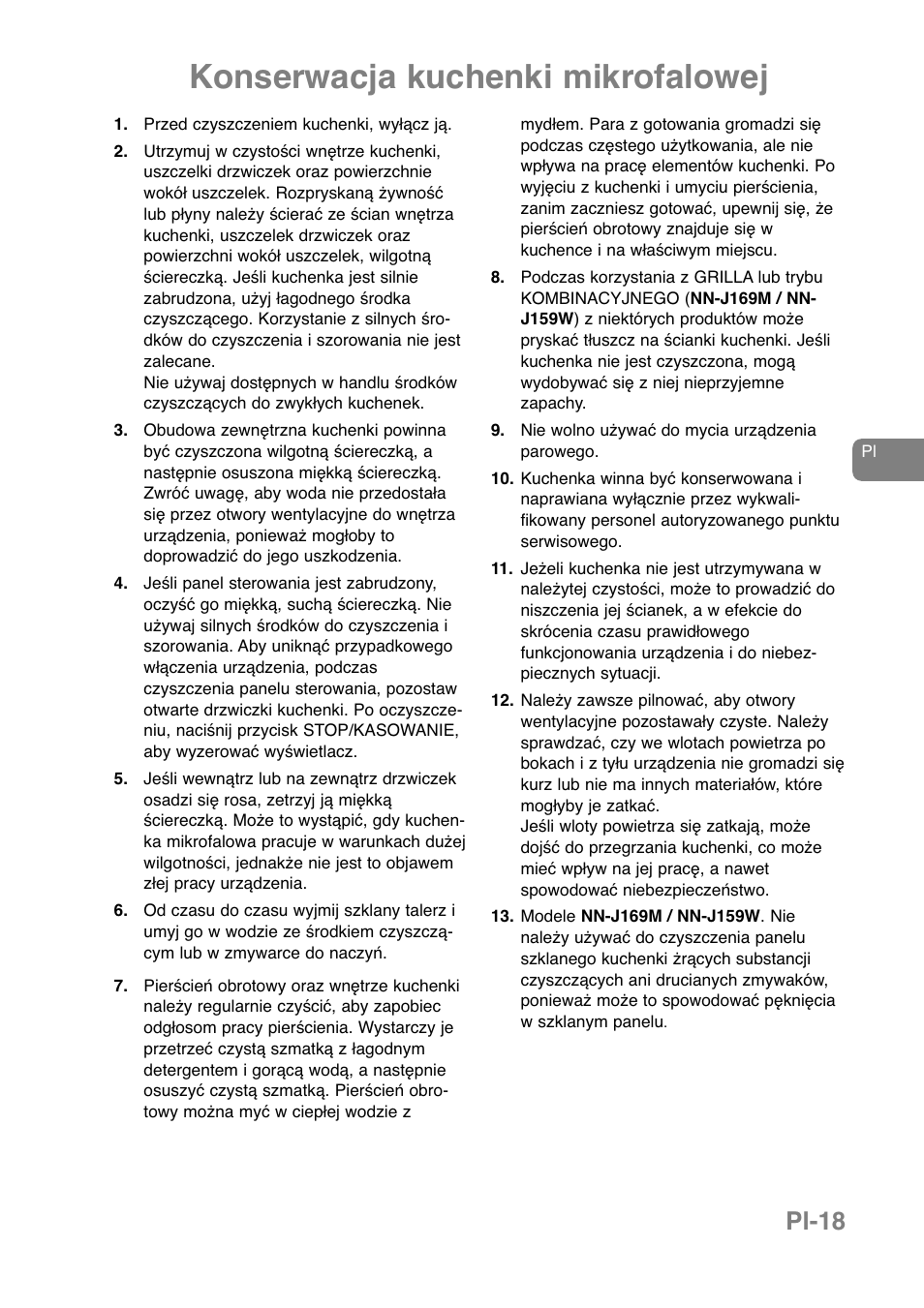 Konserwacja kuchenki mikrofalowej, Pl-18 | Panasonic NNJ169MMWPG User Manual | Page 183 / 374