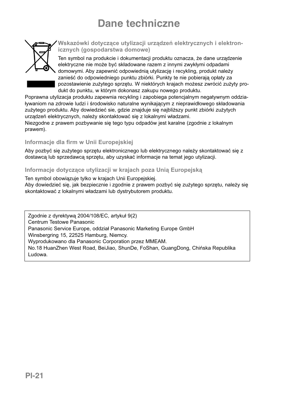 Dane techniczne, Pl-21 | Panasonic NNJ169MMWPG User Manual | Page 186 / 374