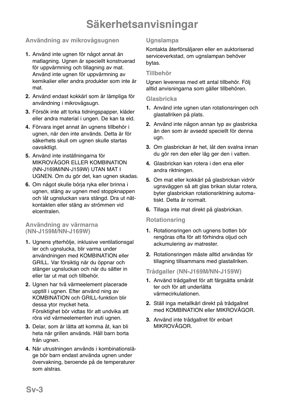Säkerhetsanvisningar, Sv-3 | Panasonic NNJ169MMWPG User Manual | Page 192 / 374
