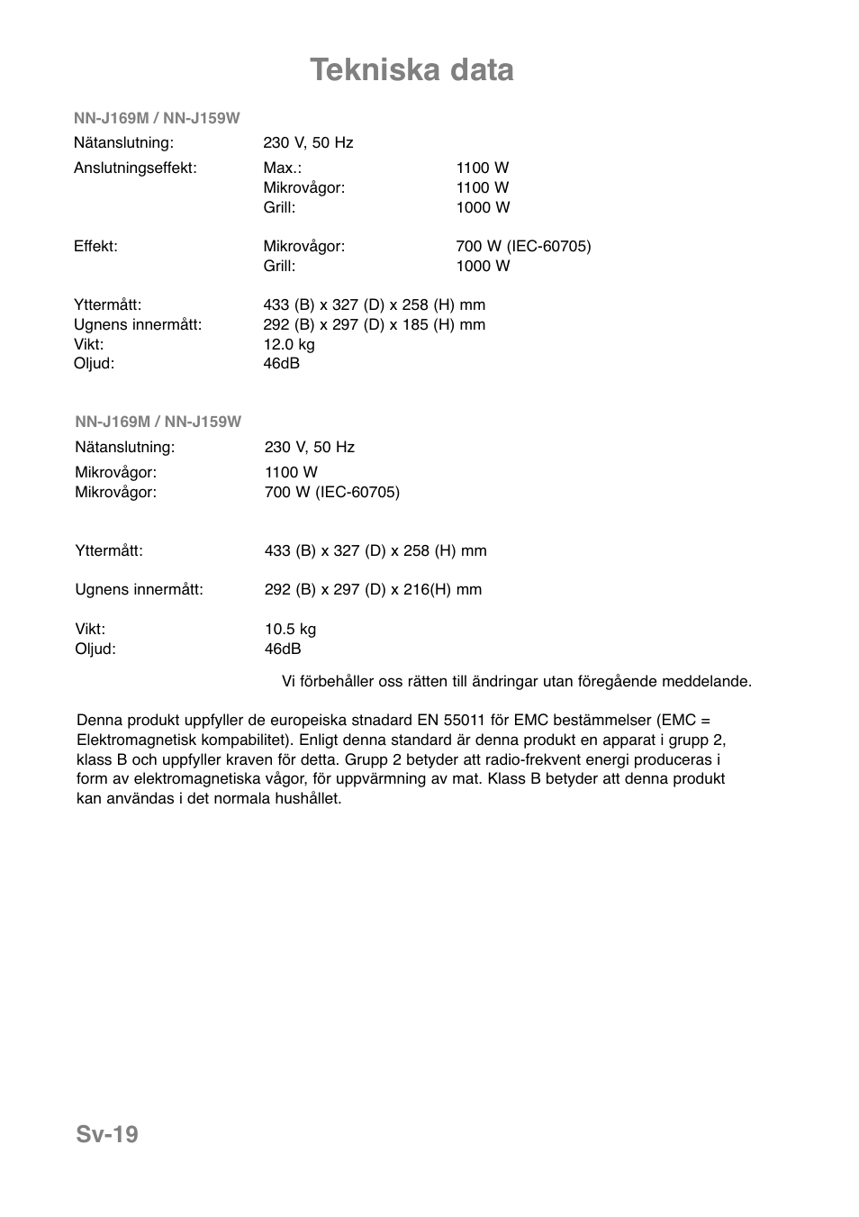 Tekniska data, Sv-19 | Panasonic NNJ169MMWPG User Manual | Page 208 / 374
