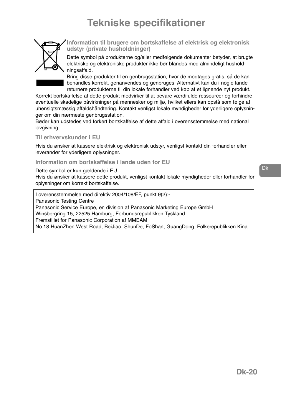Tekniske specifikationer, Dk-20 | Panasonic NNJ169MMWPG User Manual | Page 232 / 374