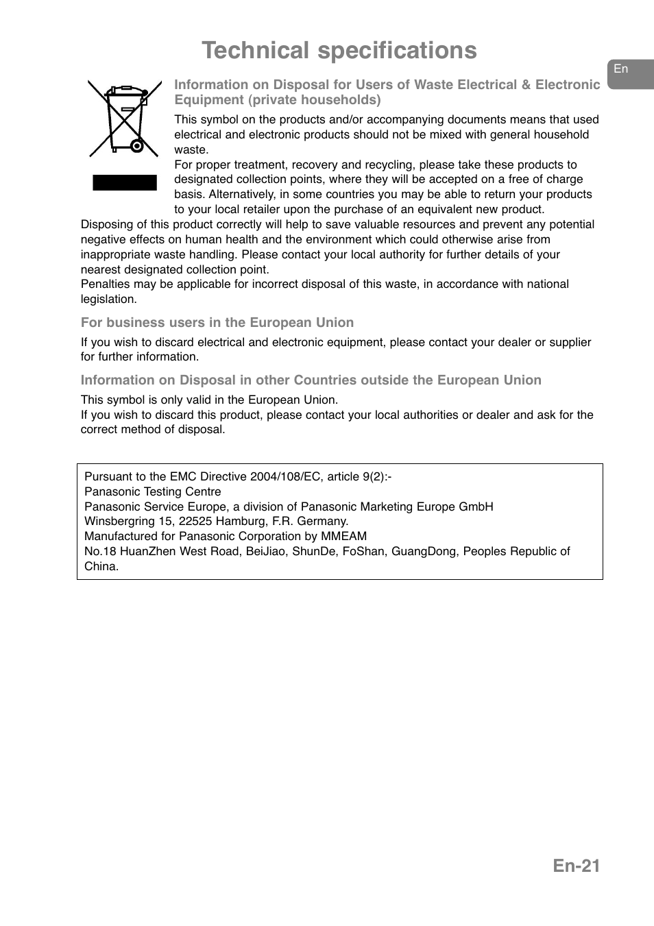 Technical specifications, En-21 | Panasonic NNJ169MMWPG User Manual | Page 24 / 374