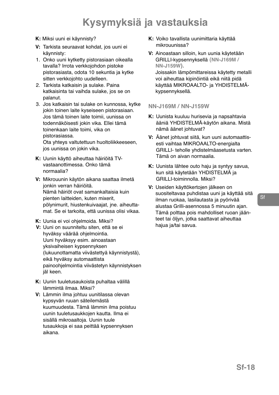 Kysymyksiä ja vastauksia, Sf-18 | Panasonic NNJ169MMWPG User Manual | Page 276 / 374