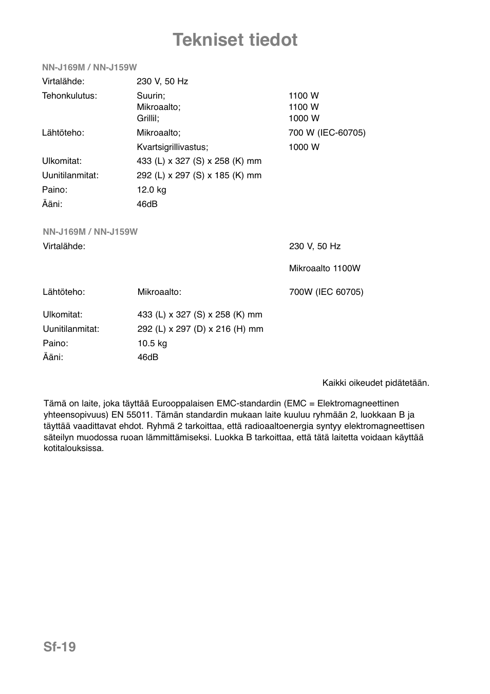 Tekniset tiedot, Sf-19 | Panasonic NNJ169MMWPG User Manual | Page 277 / 374