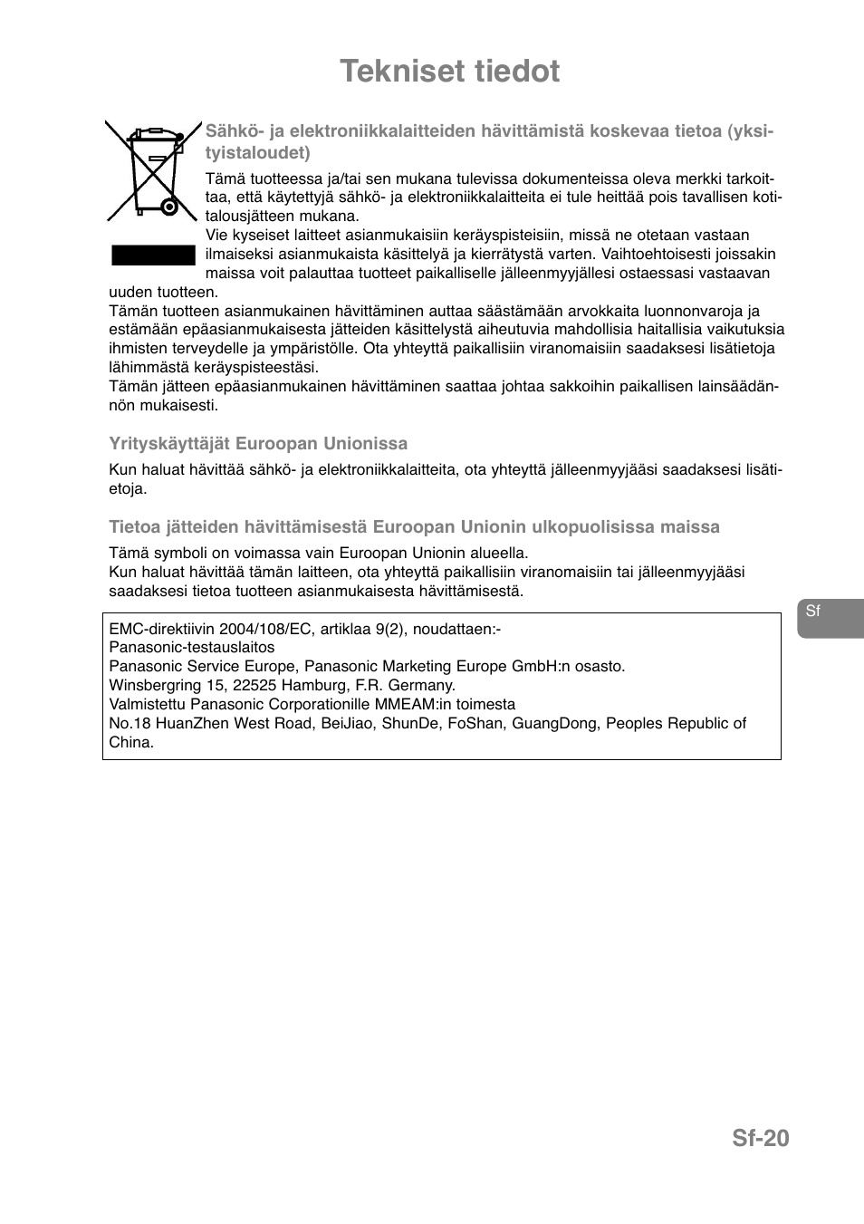 Tekniset tiedot, Sf-20 | Panasonic NNJ169MMWPG User Manual | Page 278 / 374