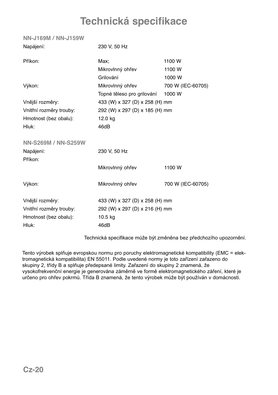 Technická specifikace, Cz-20 | Panasonic NNJ169MMWPG User Manual | Page 301 / 374