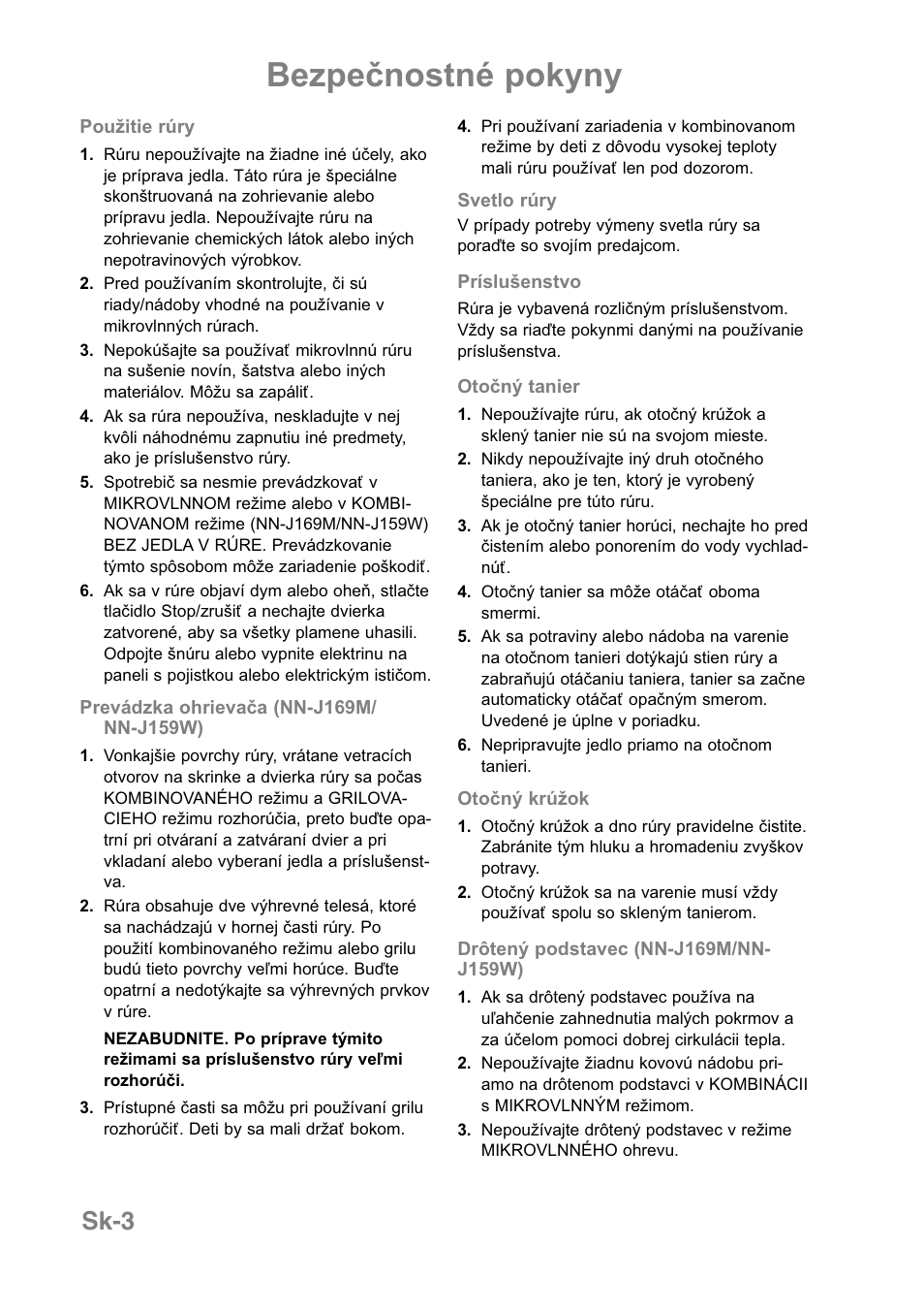 Bezpečnostné pokyny, Sk-3 | Panasonic NNJ169MMWPG User Manual | Page 308 / 374