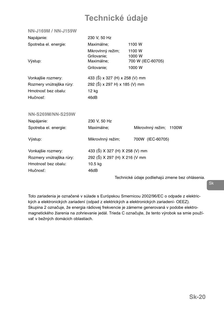 Technické údaje, Sk-20 | Panasonic NNJ169MMWPG User Manual | Page 325 / 374