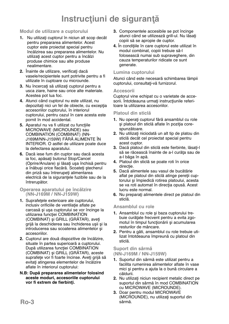Instrucţiuni de siguranţă, Ro-3 | Panasonic NNJ169MMWPG User Manual | Page 332 / 374